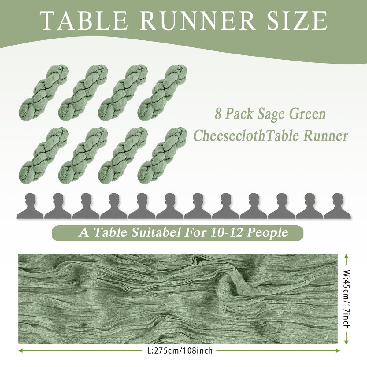 HASJOIN sage green cheesecloth table runner on table for rustic weddings.