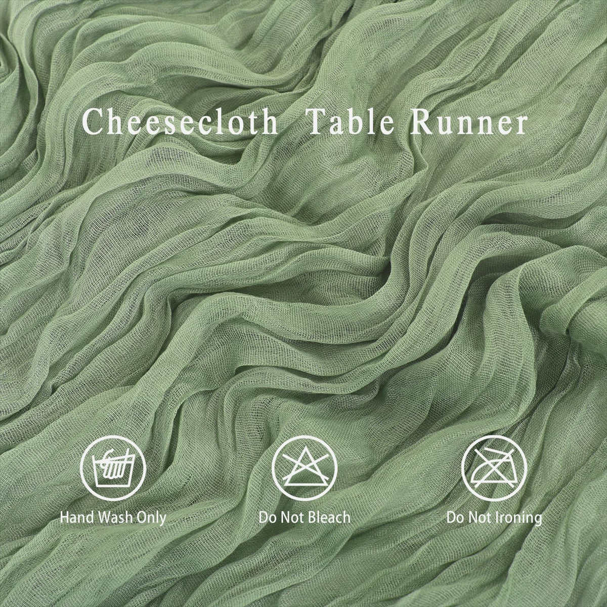 HASJOIN sage green cheesecloth table runner with crinkled texture for boho weddings.