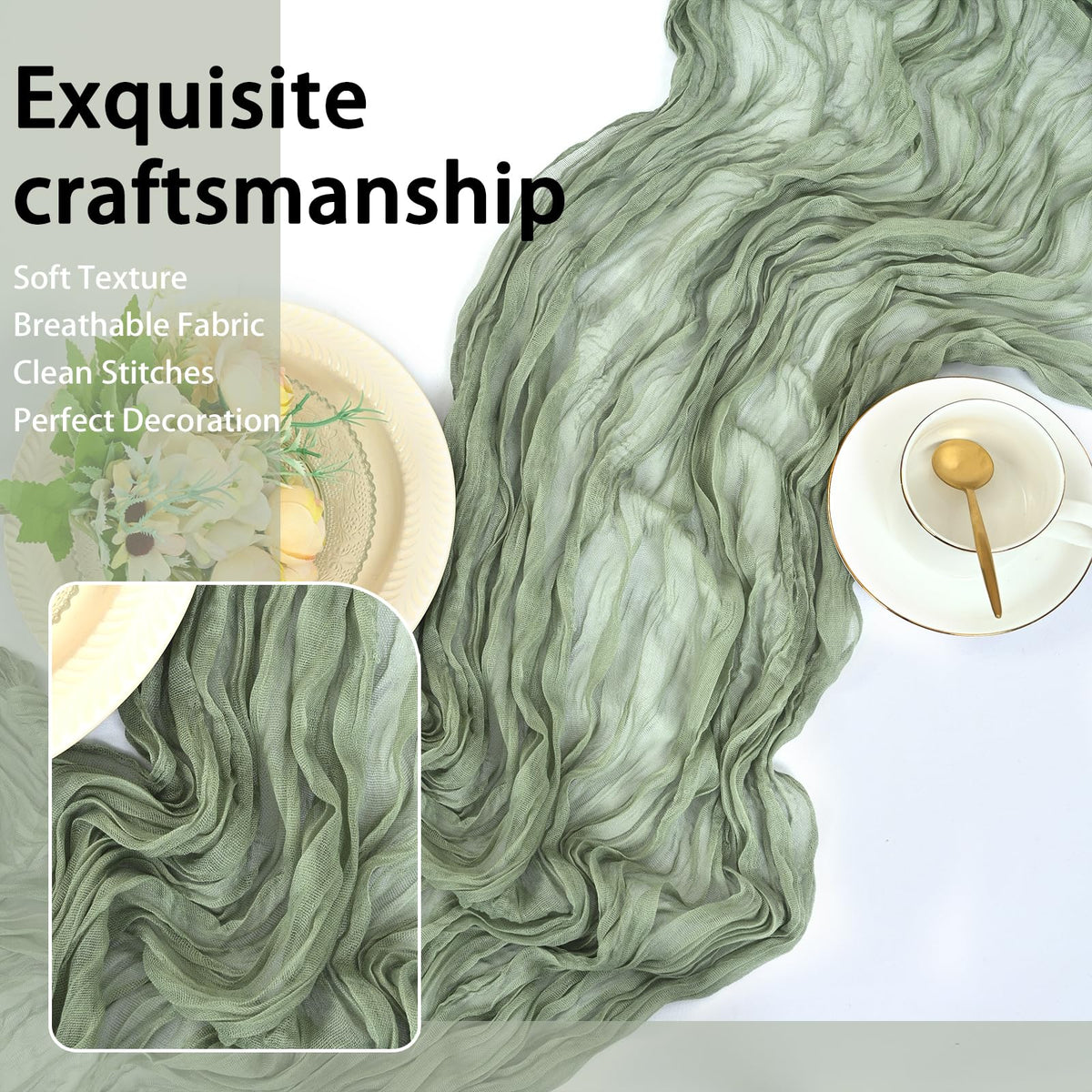 HASJOIN sage green cheesecloth table runners suit weddings and baby showers.