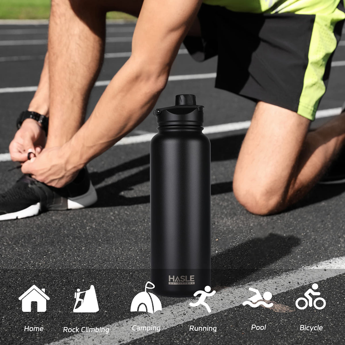 Hasle Outfitters 40oz bottle leak-proof caps prevent leaks during travel.