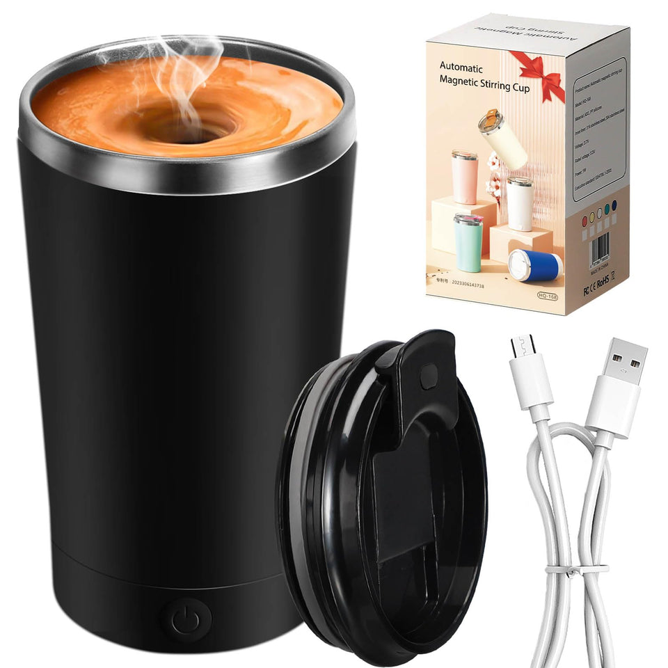 Hatisan self stirring mug with lid in black speeds up coffee mixing