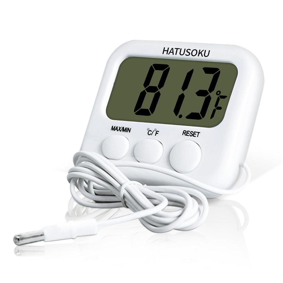 HATUSOKU digital thermometer with external sensor provides precise remote readings for flexible placement.