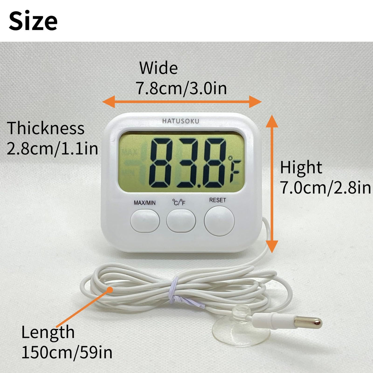 HATUSOKU thermometer with suction cup offers secure mounting on fridge or freezer surfaces.