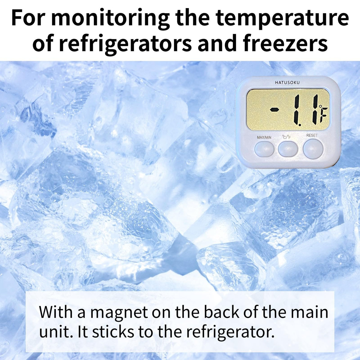 HATUSOKU thermometer with magnet back sticks to a fridge for easy temperature tracking.