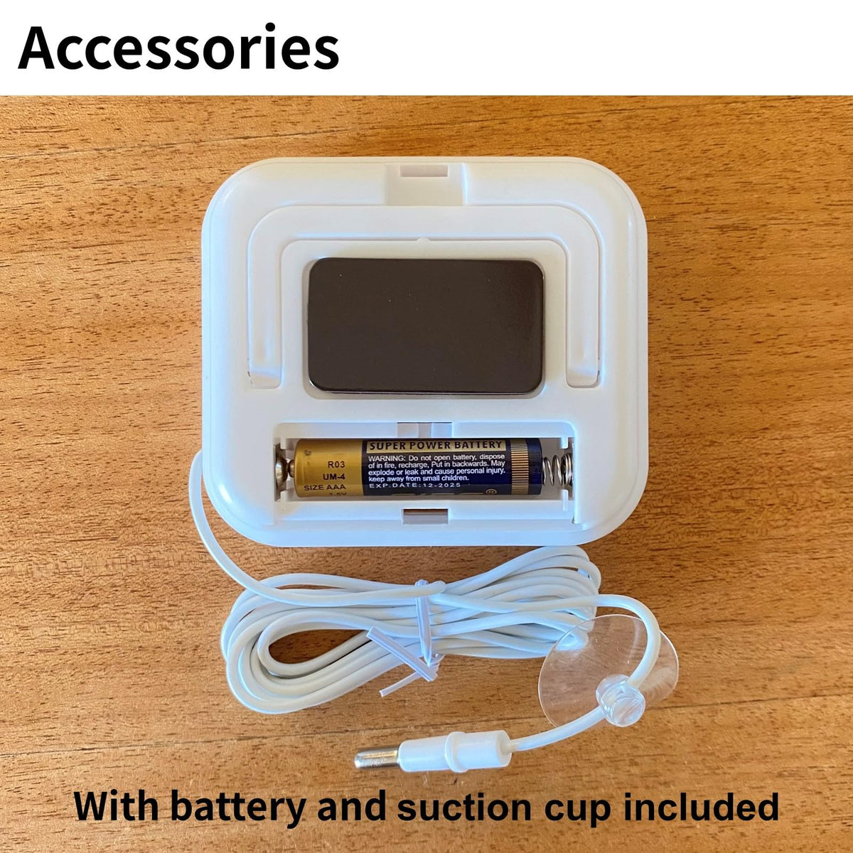 HATUSOKU thermometer package includes main unit, battery, manual, and suction cup for setup.