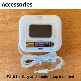 HATUSOKU thermometer package includes main unit, battery, manual, and suction cup for setup.