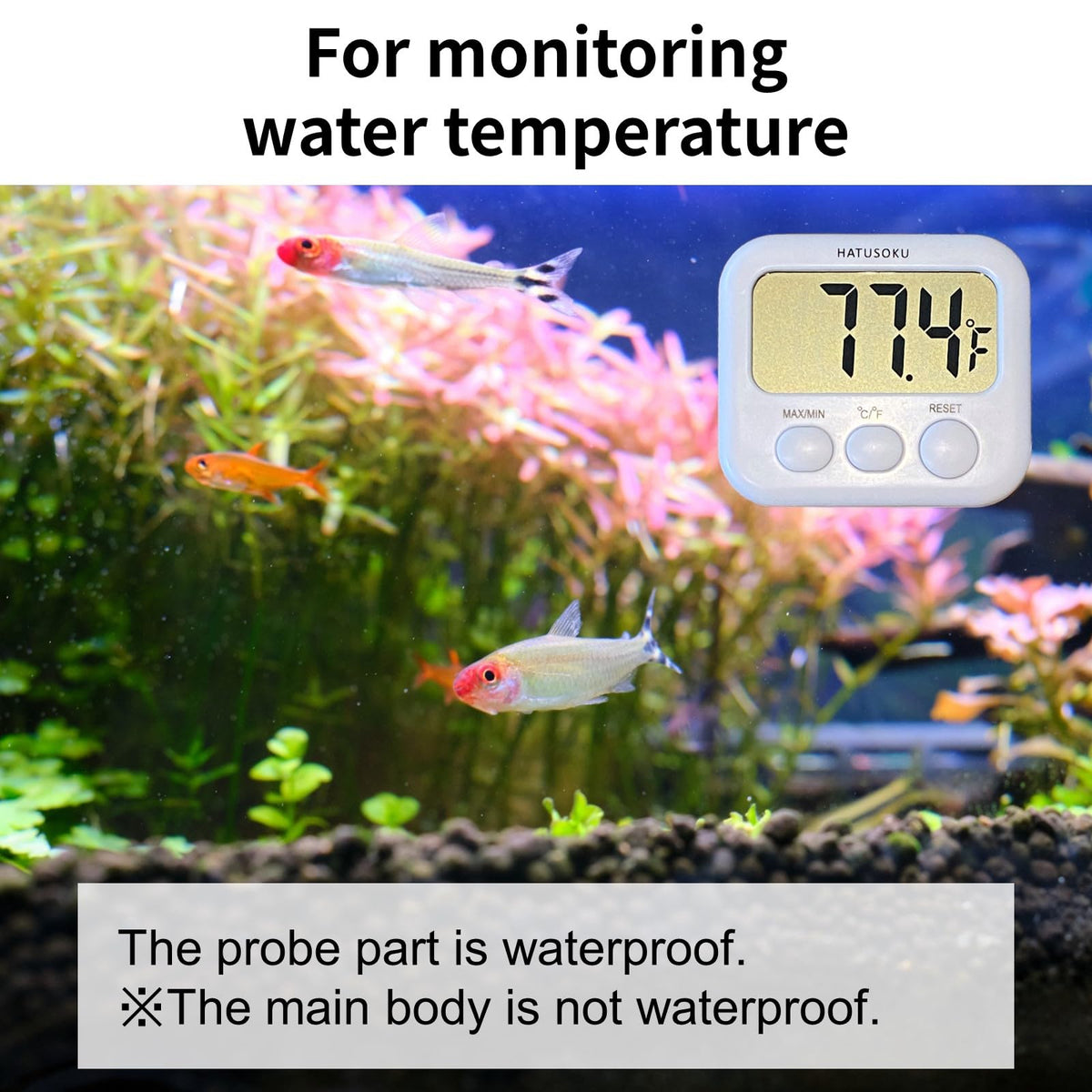 HATUSOKU digital thermometer with waterproof sensor for aquarium water monitoring and control.