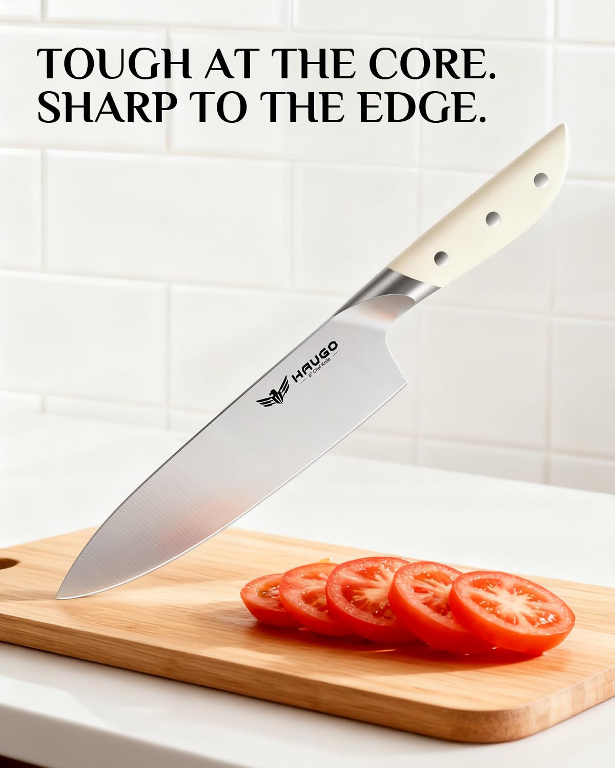 Haugo integrated ceramic sharpener in block allows quick touch-ups.