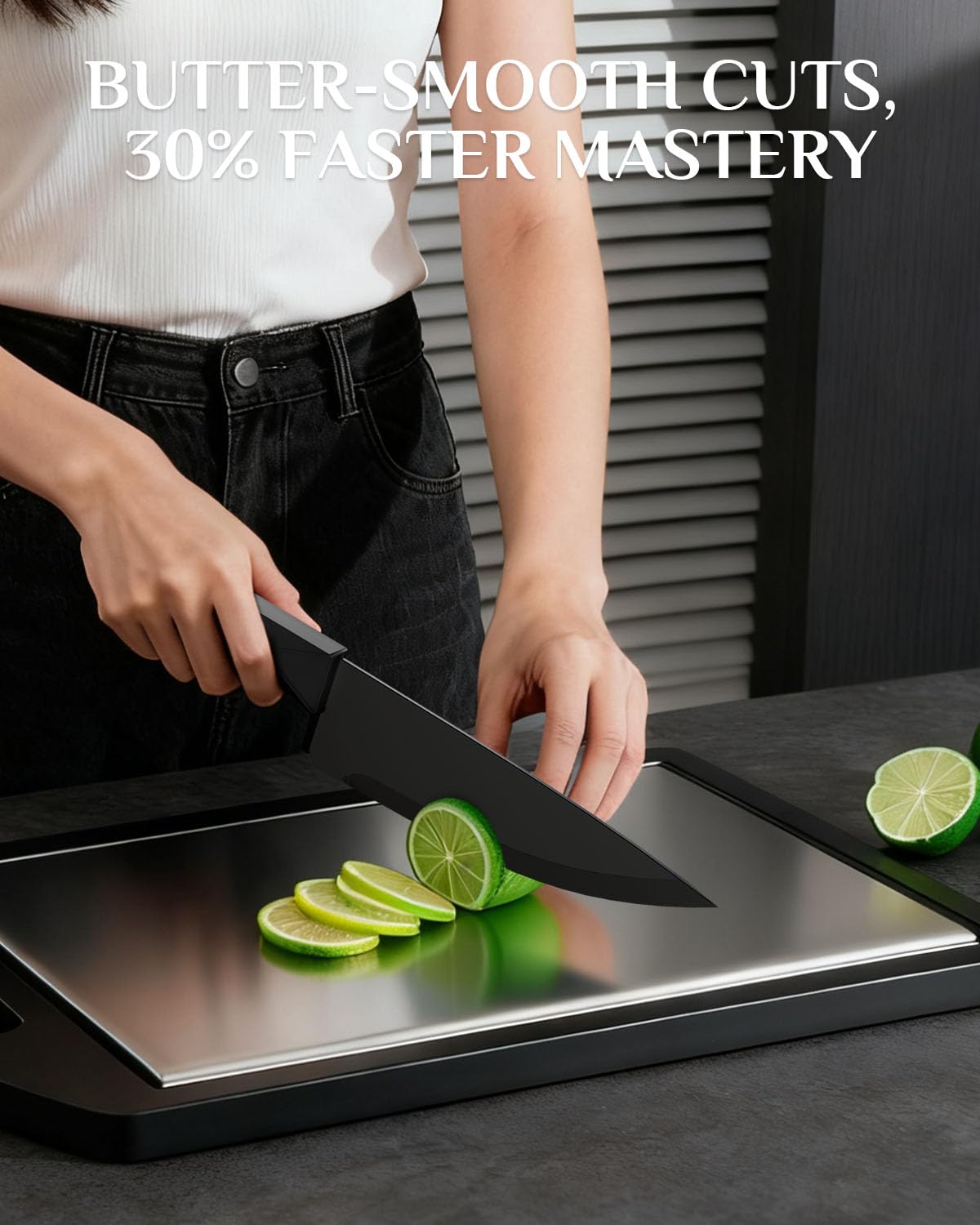 Dishwasher-safe Haugo knife set shown for easy household maintenance.