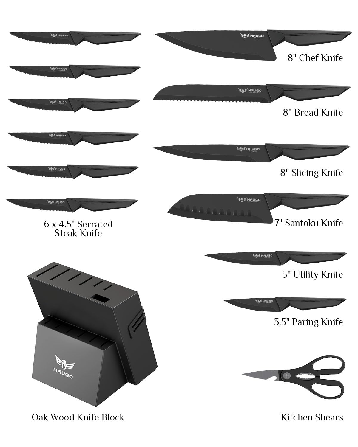 Haugo knife set block arranged on counter highlights organized storage and balance.
