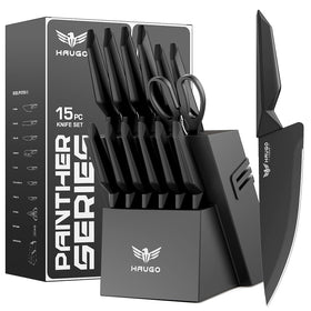 Haugo knife set block with blades in view, showcasing high-carbon stainless steel durability.