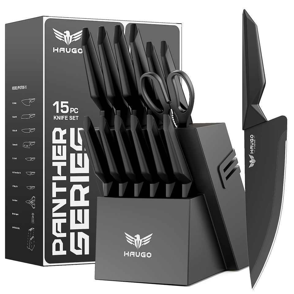 Haugo knife set block with blades in view, showcasing high-carbon stainless steel durability.