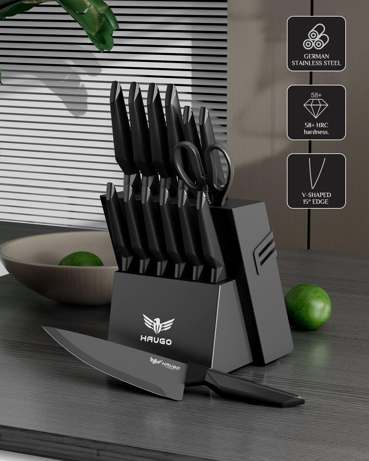 Close-up of ergonomic handle on Haugo knives reduces wrist strain during prep.