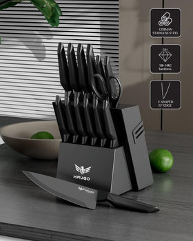 Close-up of ergonomic handle on Haugo knives reduces wrist strain during prep.