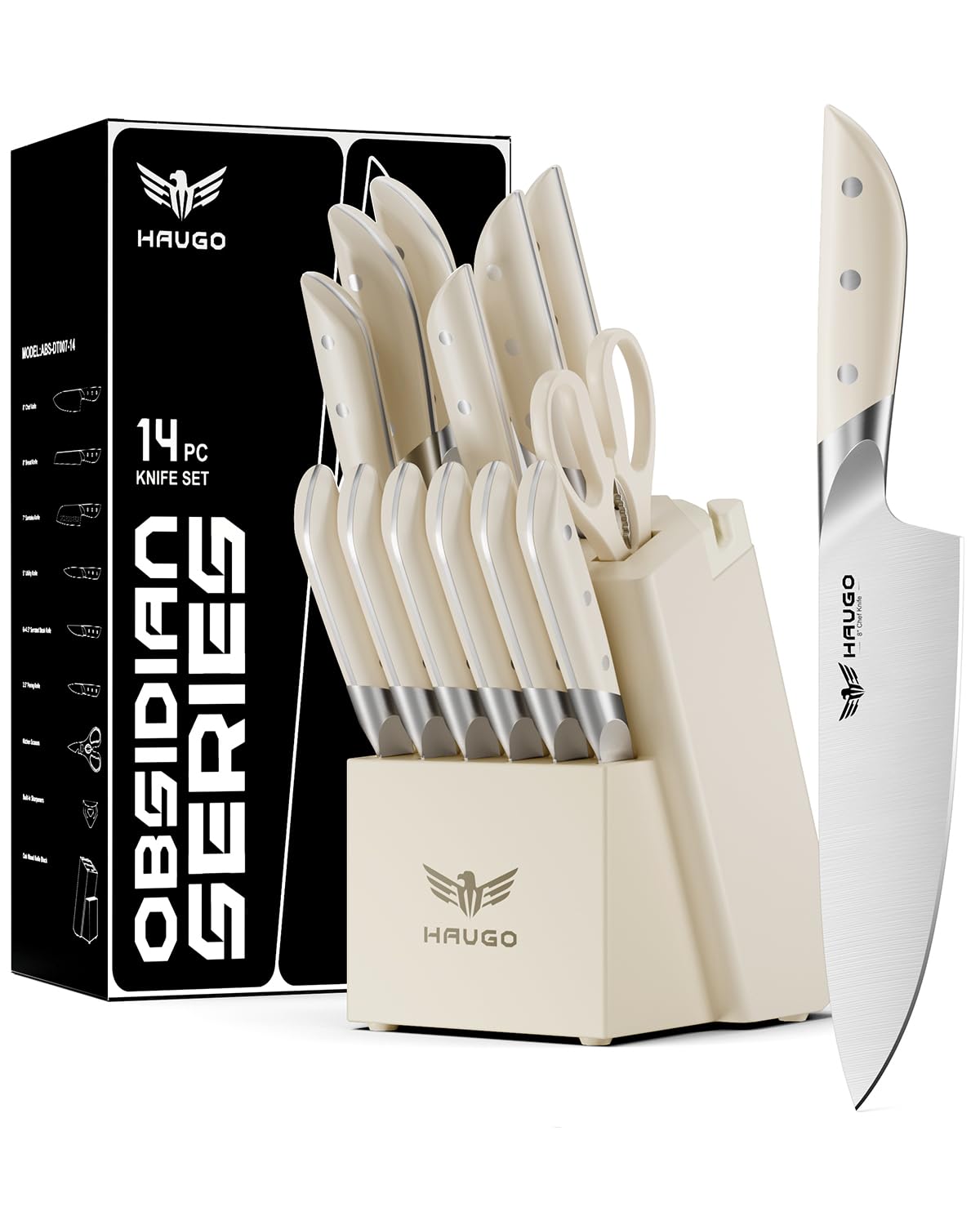 Haugo knife-set block with white blades for organized storage and easy access.