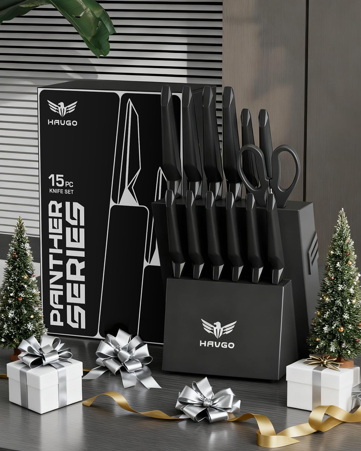 Minimalist black Haugo knife block offers chic storage and quick access.