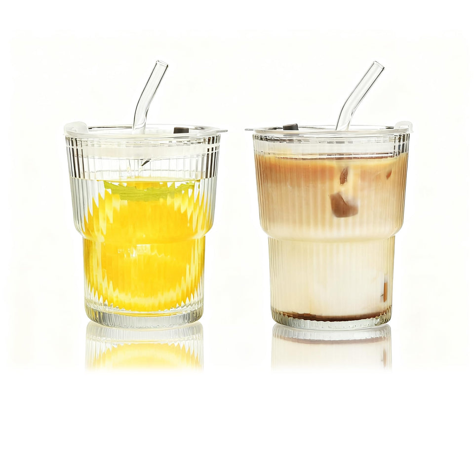 Haundry 14 oz ribbed glass cups with lids and straws, front view for 2-pack use