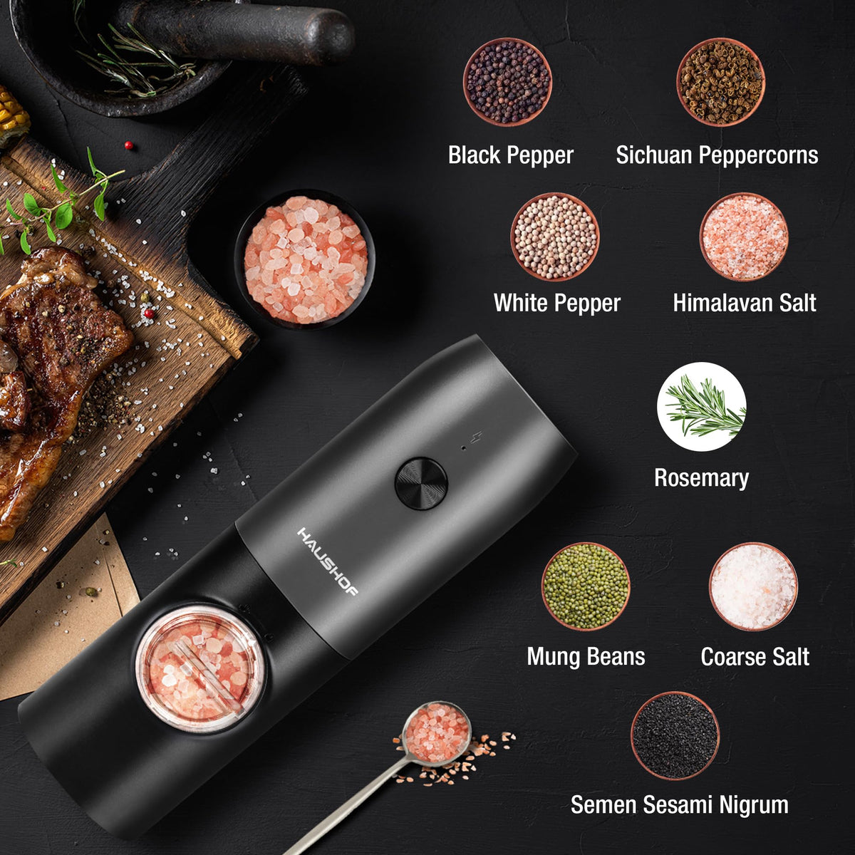 HAUSHOF adjustable coarseness knob for precise spice texture control.