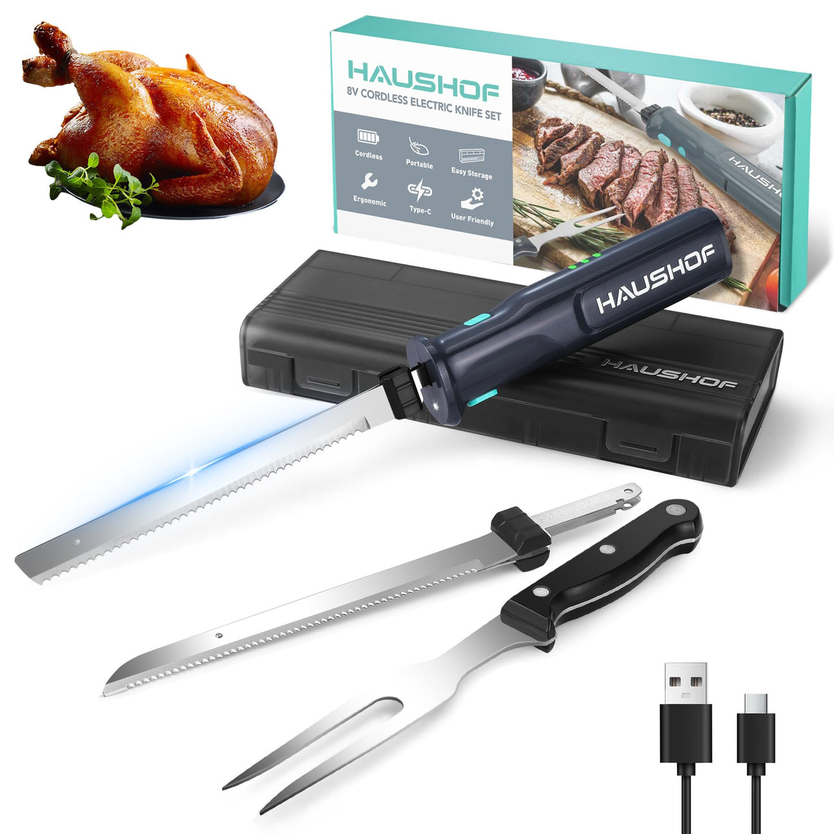 Haushof cordless electric knife handle close-up showing ergonomic grip for precise carving.