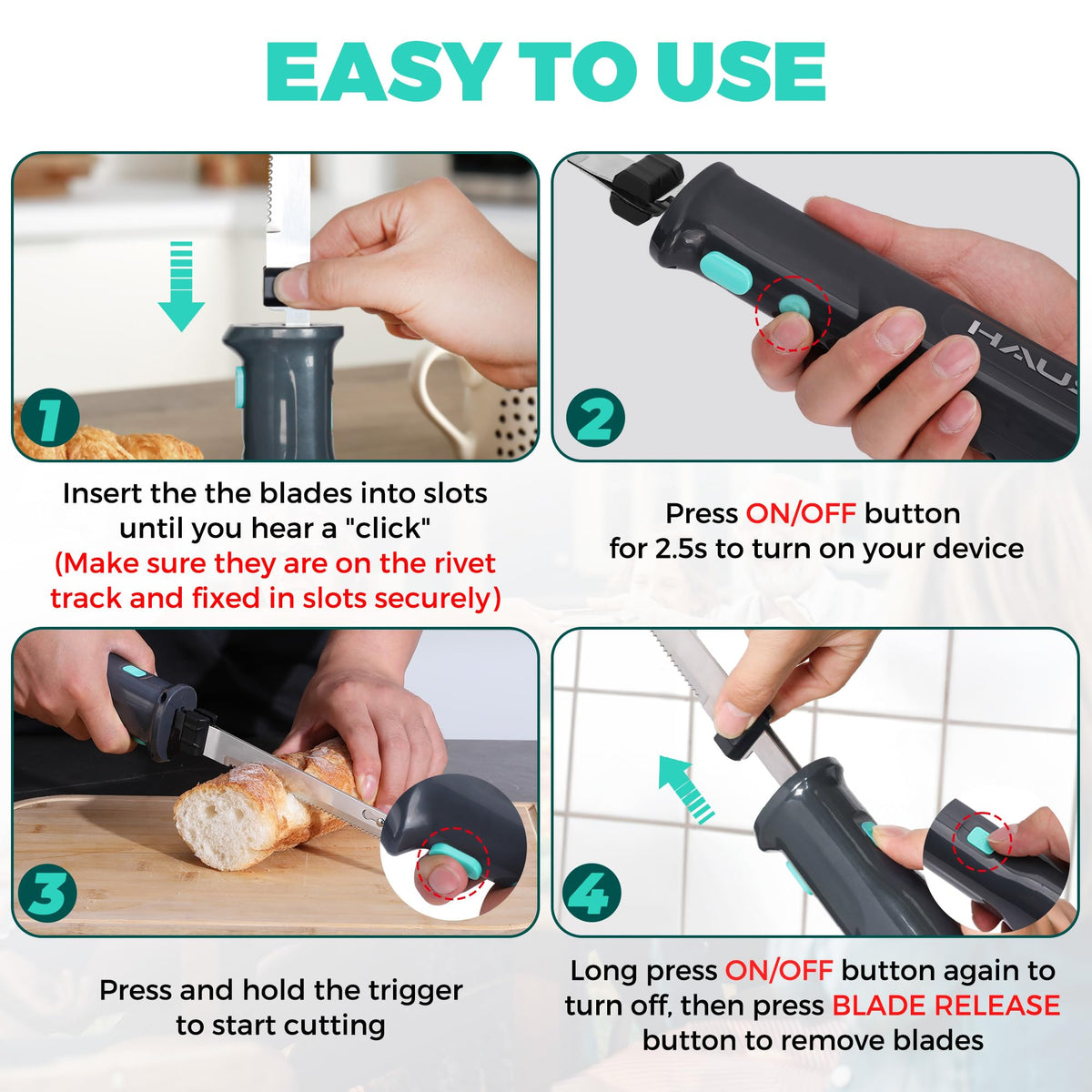 Haushof cordless electric knife meat blade in action for roasts and steaks.