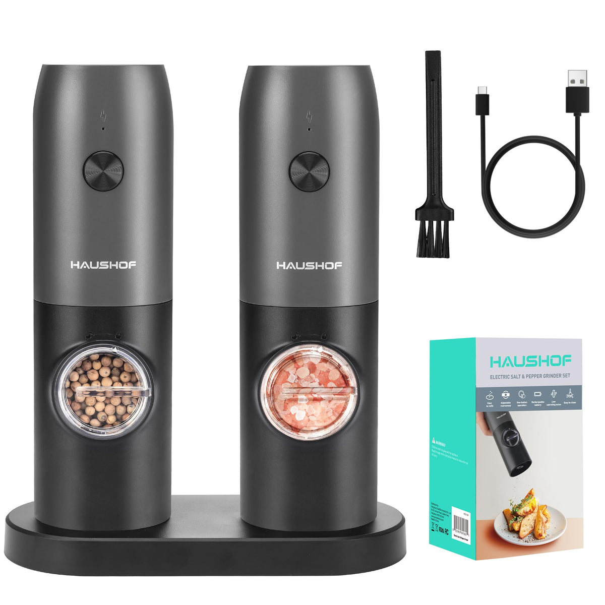 HAUSHOF electric grinders on charging base for easy access and charging.