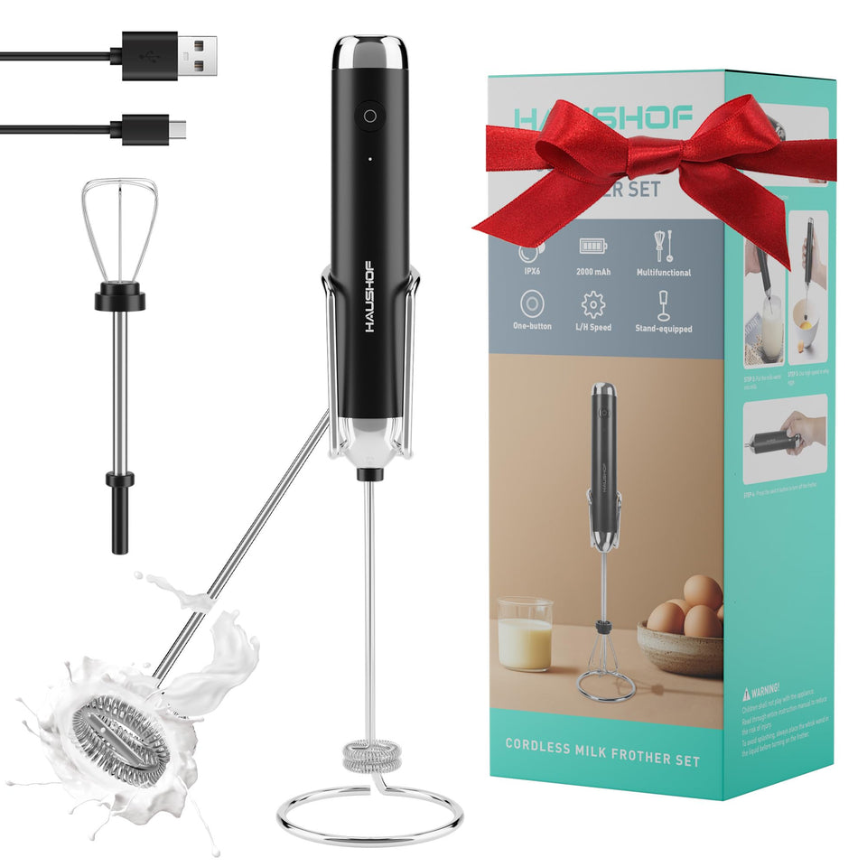 HAUSHOF milk frother wand with stand ready on the counter for quick frothing at home