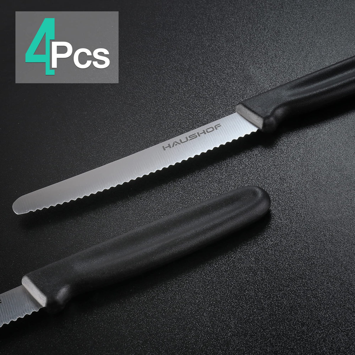 HAUSHOF serrated steak knife blade close-up for effortless cutting of steaks and thicker chops.