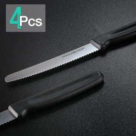 HAUSHOF serrated steak knife blade close-up for effortless cutting of steaks and thicker chops.