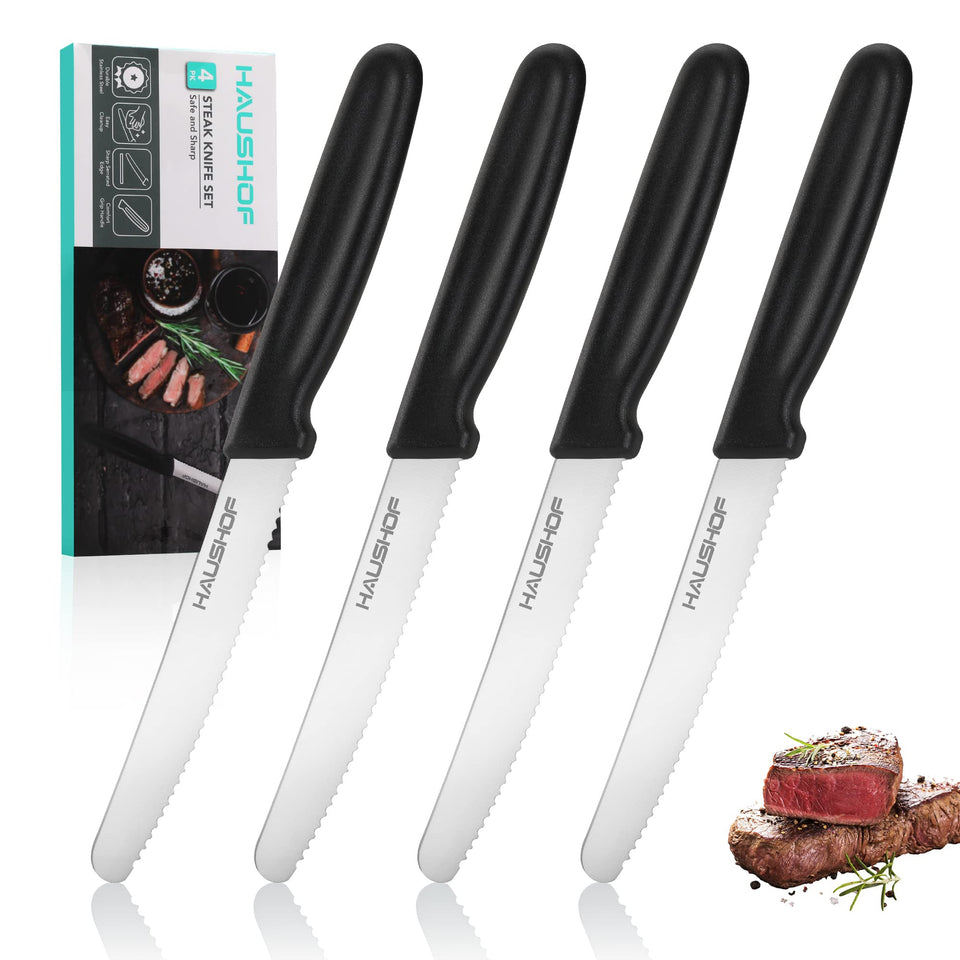 HAUSHOF steak knives set with black handles for clean, serrated slicing at the table.