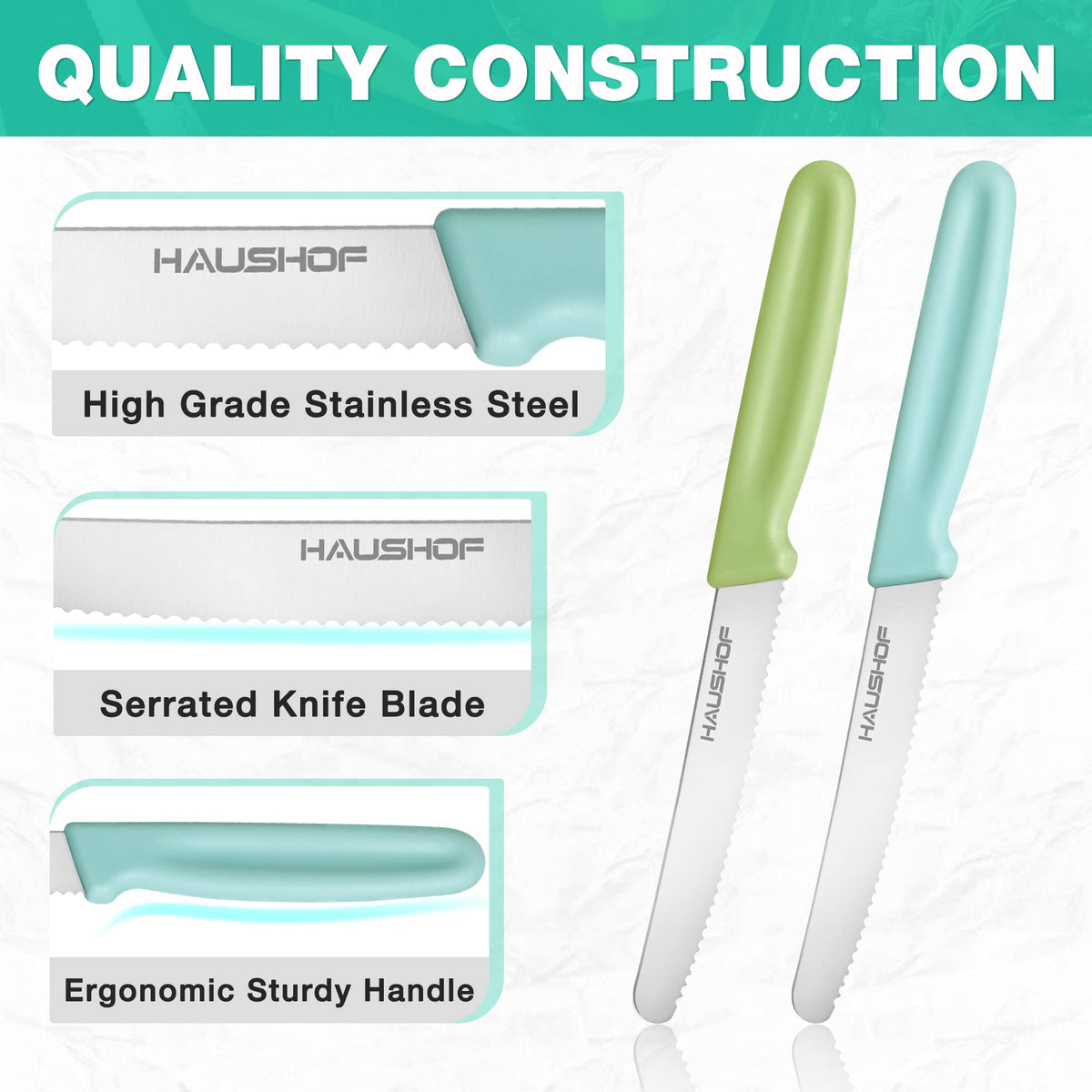 Colorful HAUSHOF knife handles add visual appeal to outdoor dining.