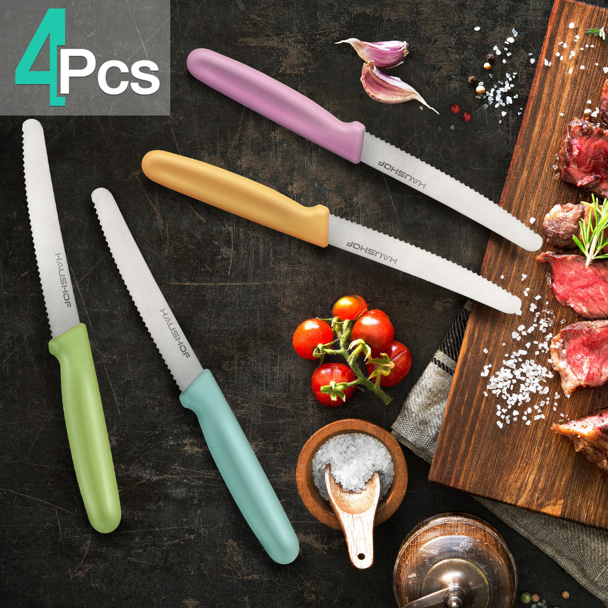 HAUSHOF steak knives set of 4 with ergonomic handles for comfortable daily use.