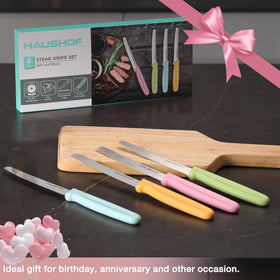 Serrated HAUSHOF blades slice through steak, pork, and charcuterie with ease.