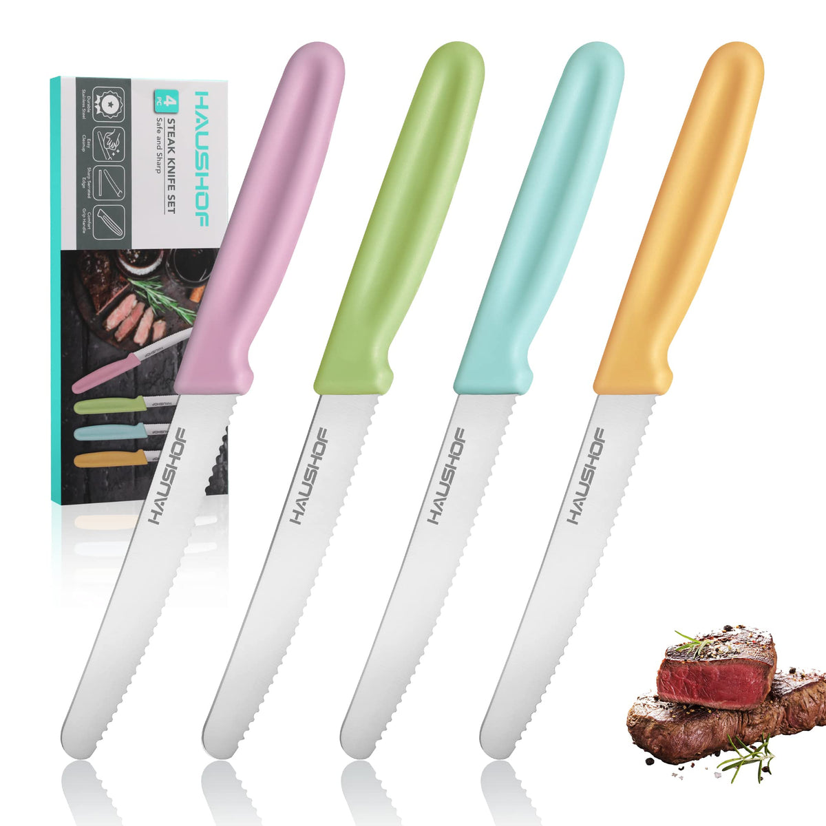 HAUSHOF steak knives set of 4 serrated blades for clean, quick slicing.