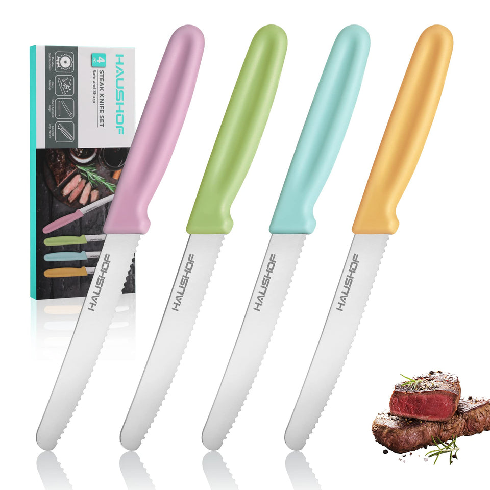 HAUSHOF steak knives set of 4 serrated blades for clean, quick slicing.