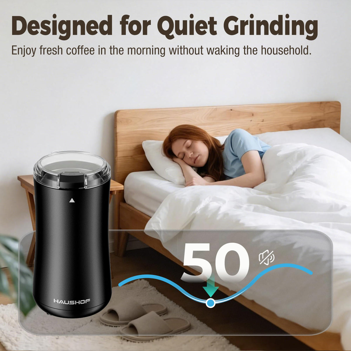 HAUSHOF Coffee Grinder 50 g capacity lets you grind once for multiple cups.