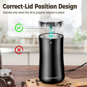 HAUSHOF Coffee Grinder beans in bowl demonstrate capacity and convenience.