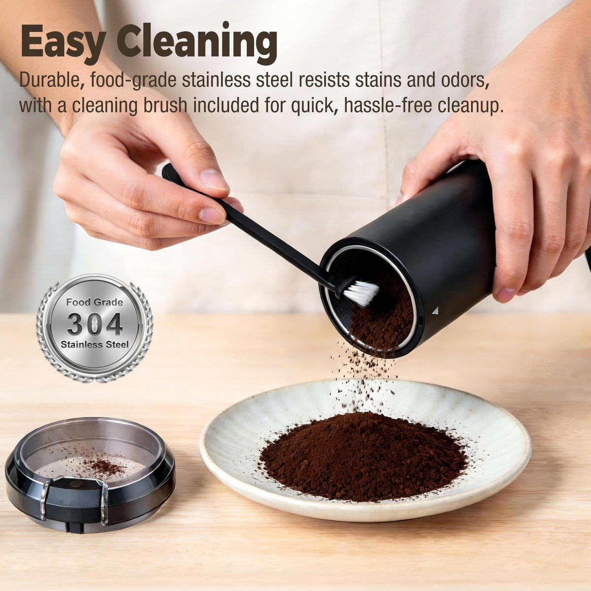 HAUSHOF Coffee Grinder cleaning brush included for quick cleanup.
