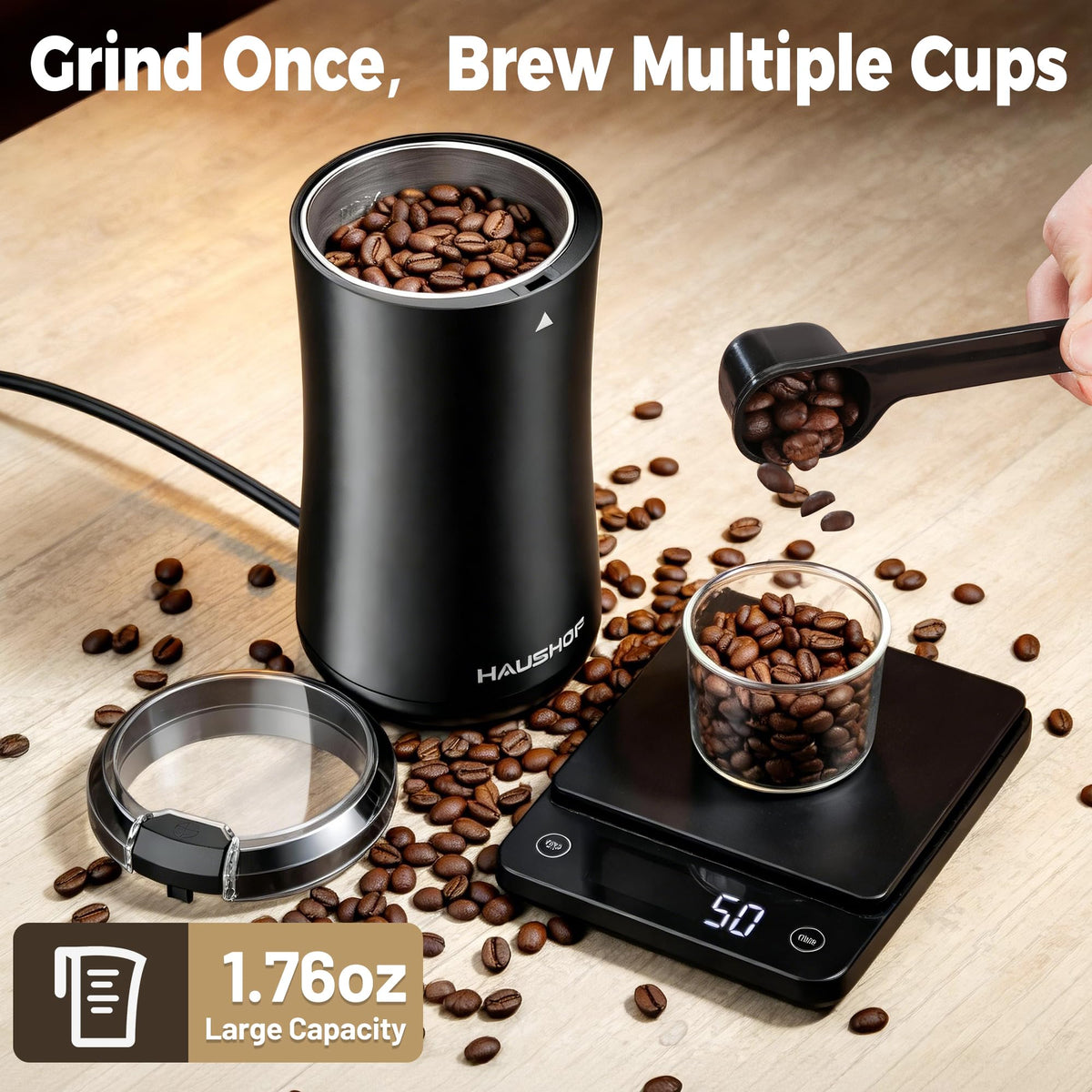 HAUSHOF Coffee Grinder compact design fits small kitchens and countertops.