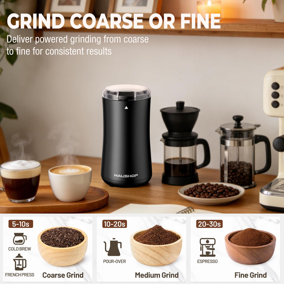 HAUSHOF Coffee Grinder quiet operation suitable for mornings.