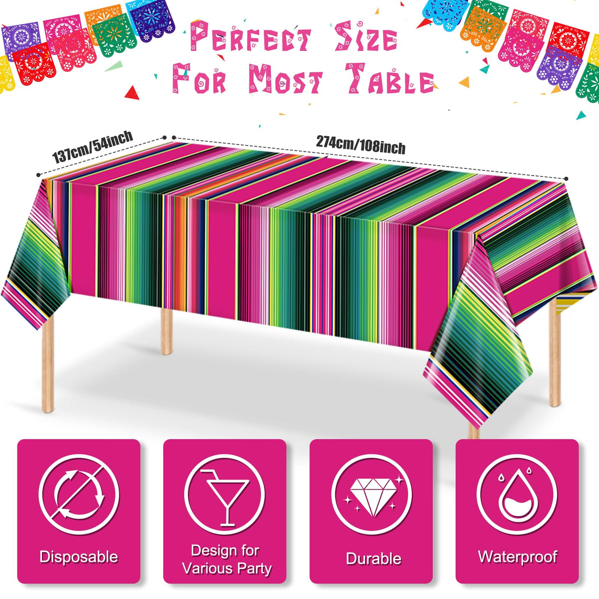 Hauwellter disposable serape colored tablecloth makes cleanup easy after celebrations