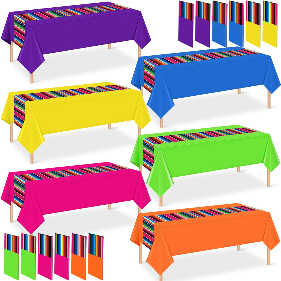 Hauwellter Mexican Fiesta striped tablecloth 12pc set for Cinco de Mayo celebrations.