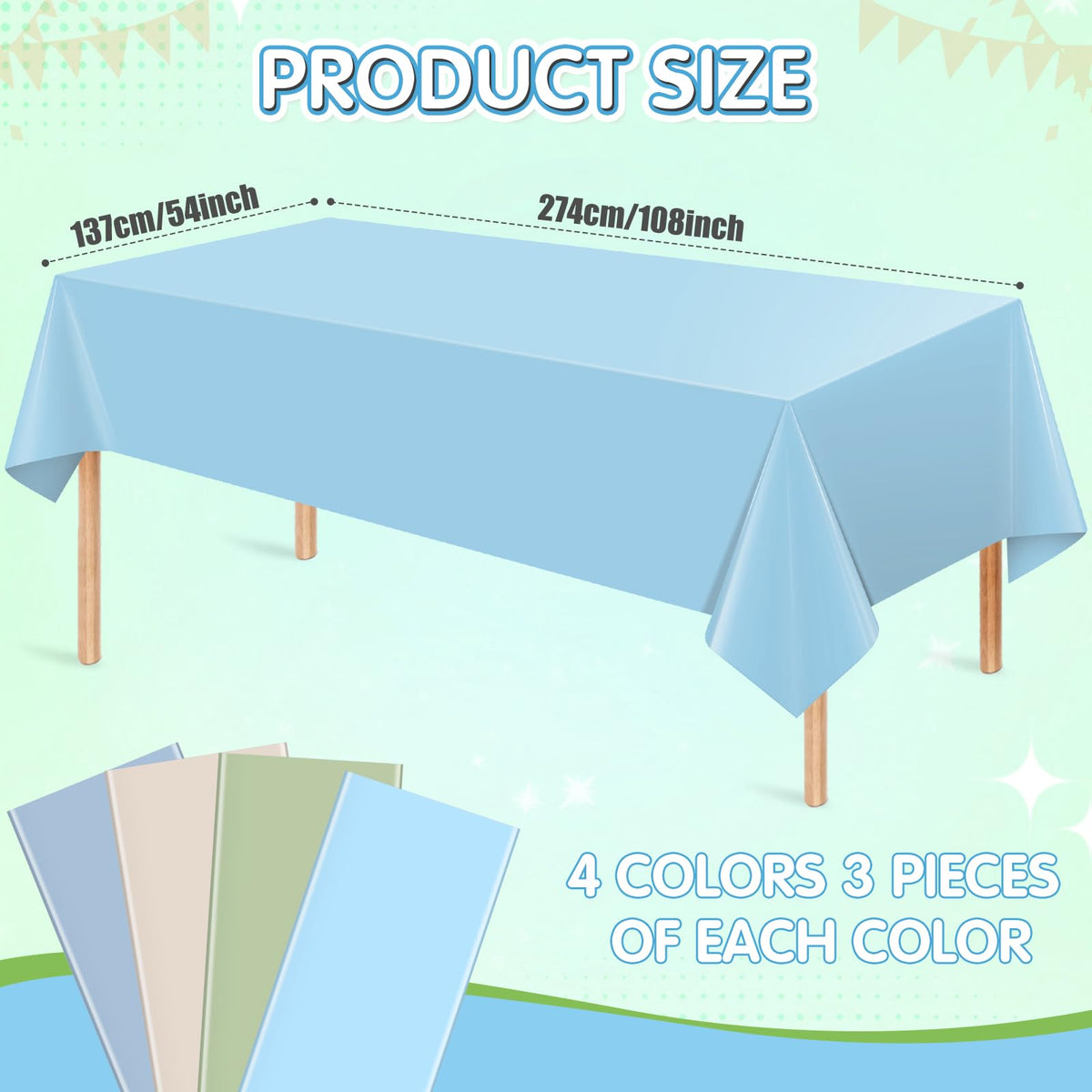 Hauwellter twelve-pack disposable tablecloths simplify cleanup after celebrations.