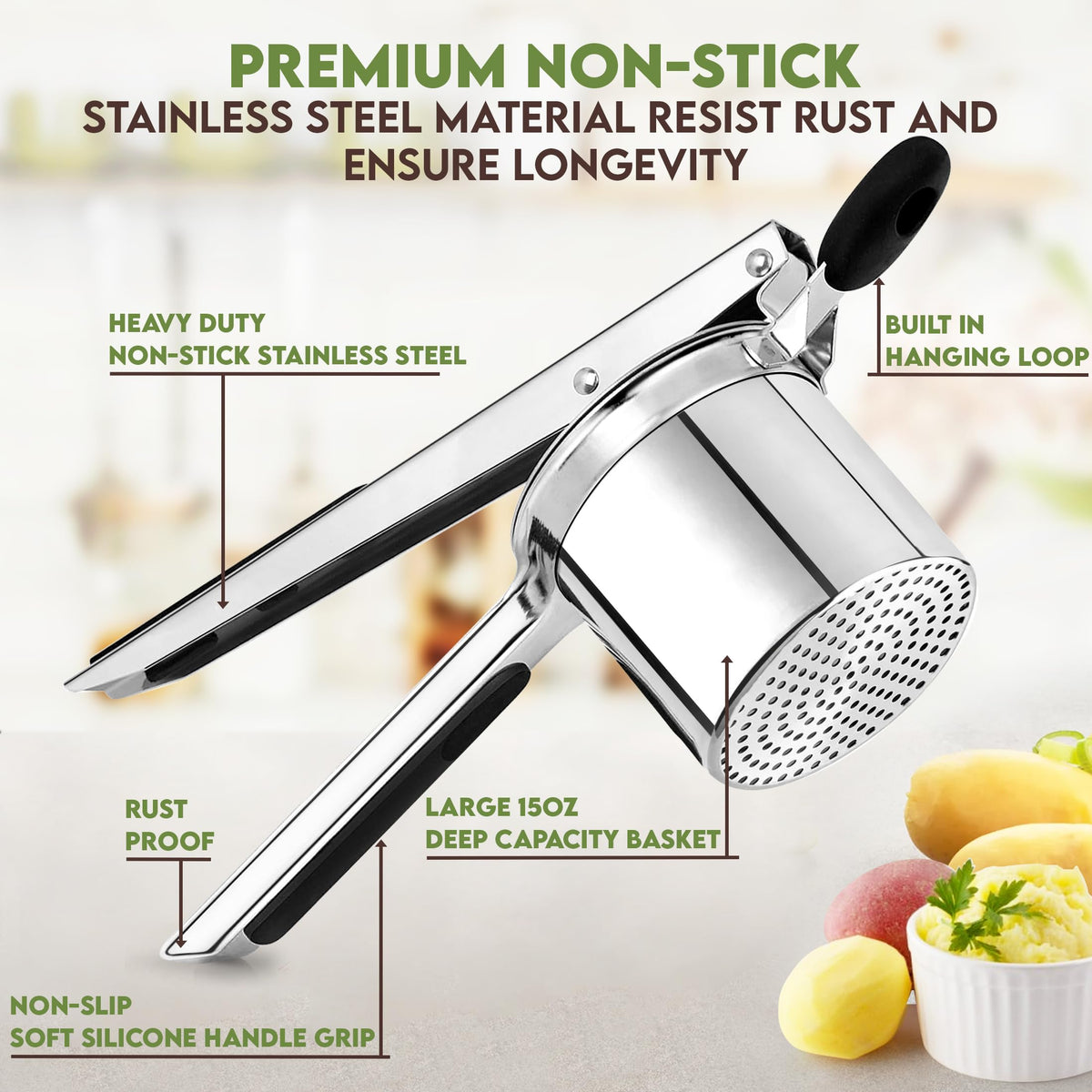 Havenity non-slip ergonomic handle reduces hand strain during mashing