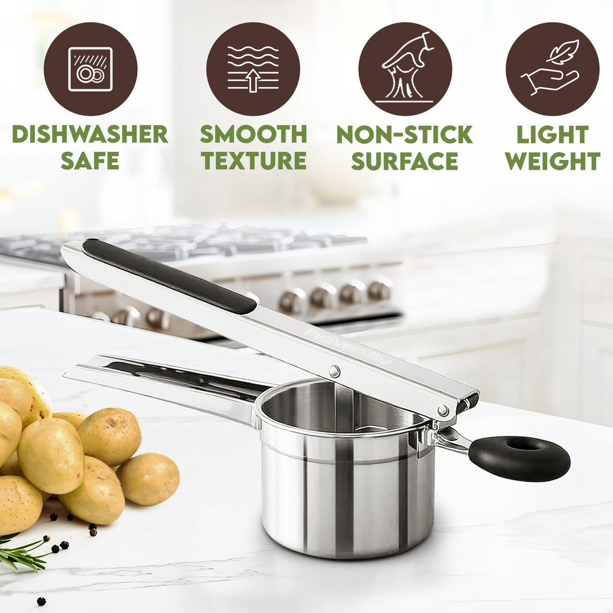 Havenity potato masher and ricer tool for versatile kitchen pressing