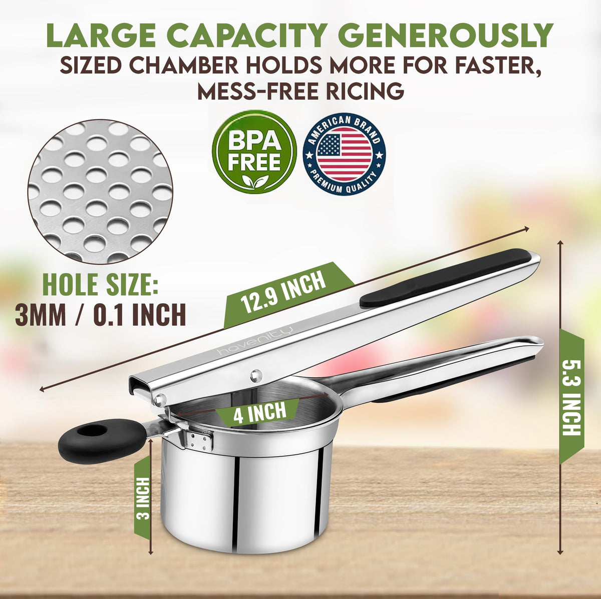 Havenity stainless steel ricer with ergonomic handle for comfortable use