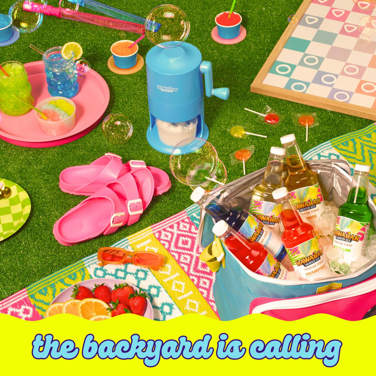 Included snow cone cups and spoons for serving