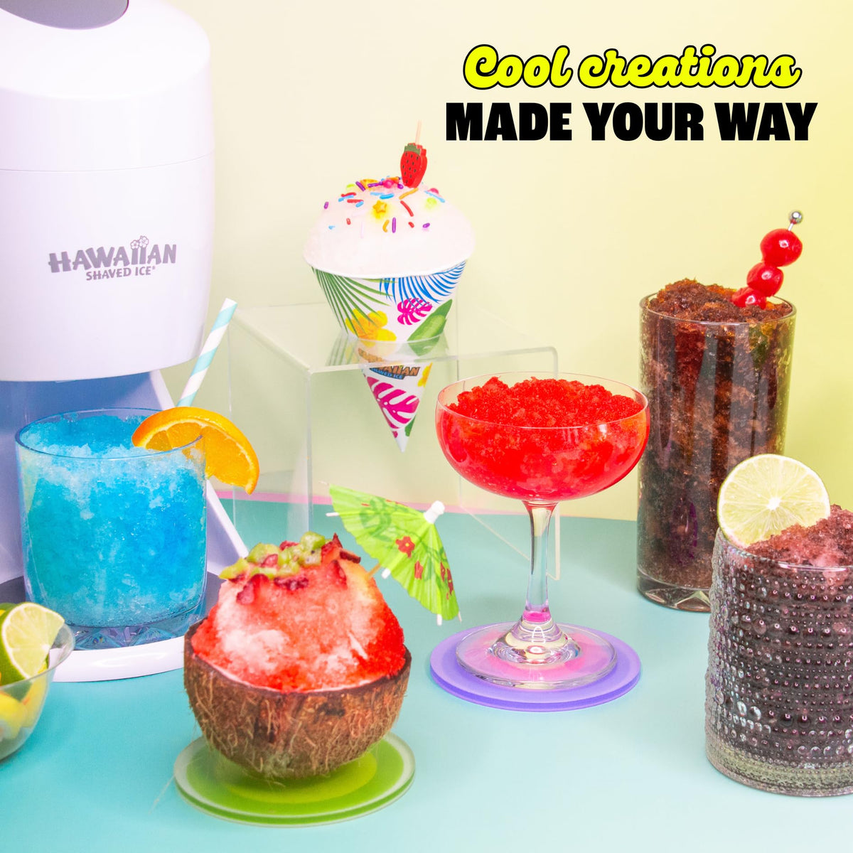 S900A with syrups lineup showing flavor options for shaved ice and drinks.