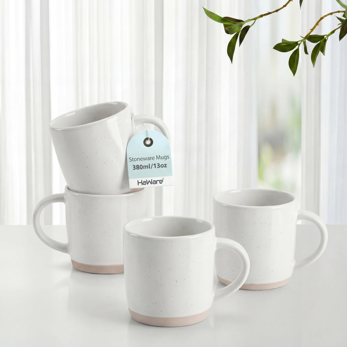 HaWare 13oz mugs side view highlighting stackable design for easy storage.