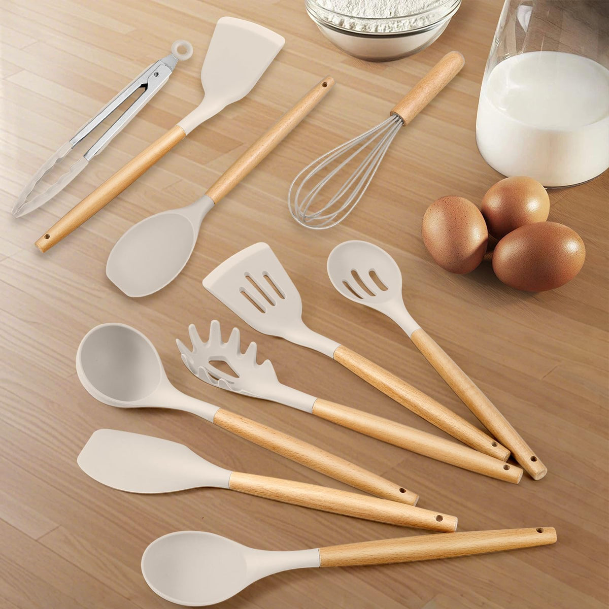HaWare silicone slotted spoon with wood handle prevents sticking.