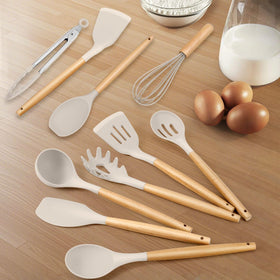 HaWare silicone slotted spoon with wood handle prevents sticking.